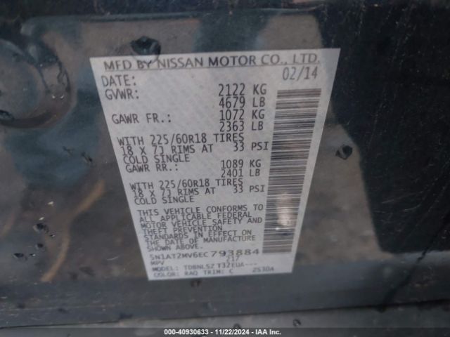 5N1AT2MV6EC793884 Nissan Rogue Sl