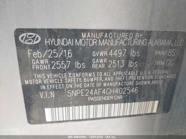 5NPE24AF4GH402546 Hyundai Sonata