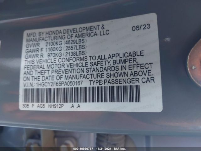 1HGCY2F65PA050167 Honda Accord Hybrid Ex-l