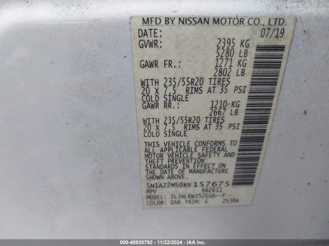 Nissan MURANO SL 2019 5N1AZ2MS0KN157675 Image 9