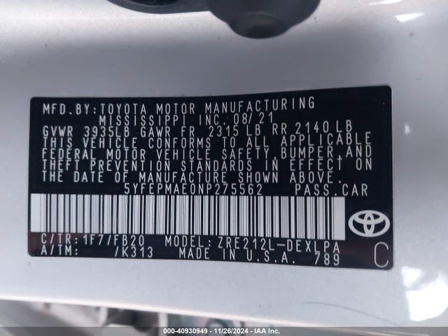 Toyota COROLLA LE 2022 5YFEPMAE0NP275562 Image 9