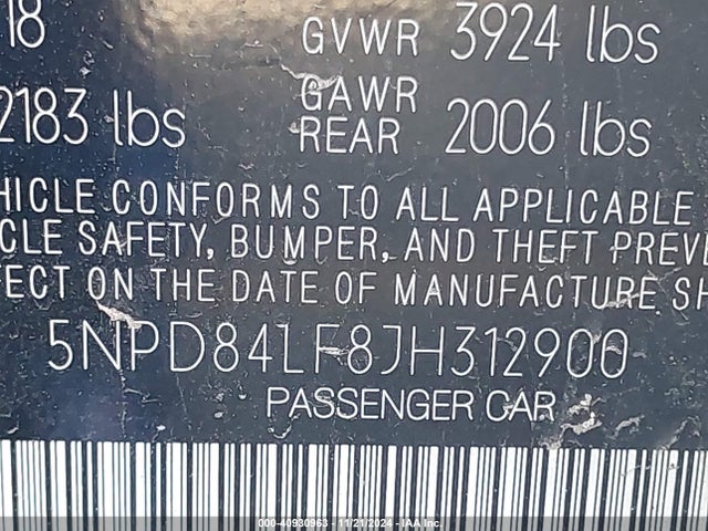 5NPD84LF8JH312900 Hyundai ELANTRA SEL