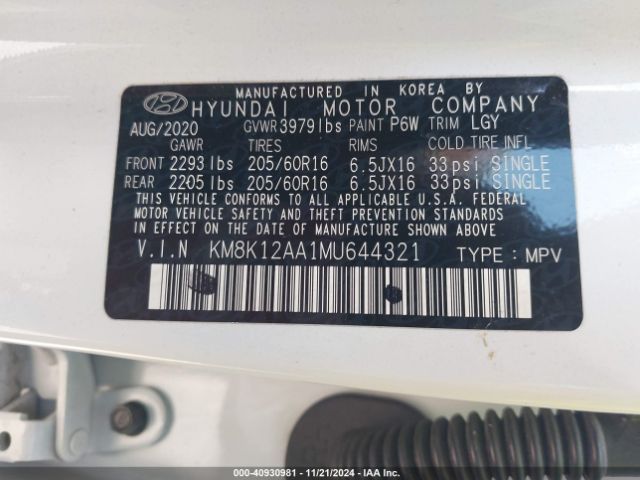 KM8K12AA1MU644321 Hyundai Kona Se