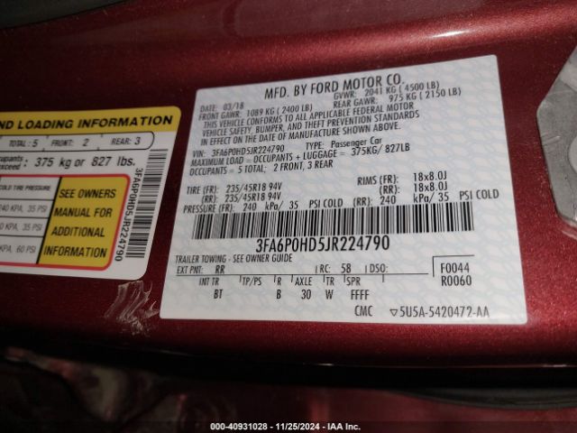 3FA6P0HD5JR224790 Ford FUSION SE