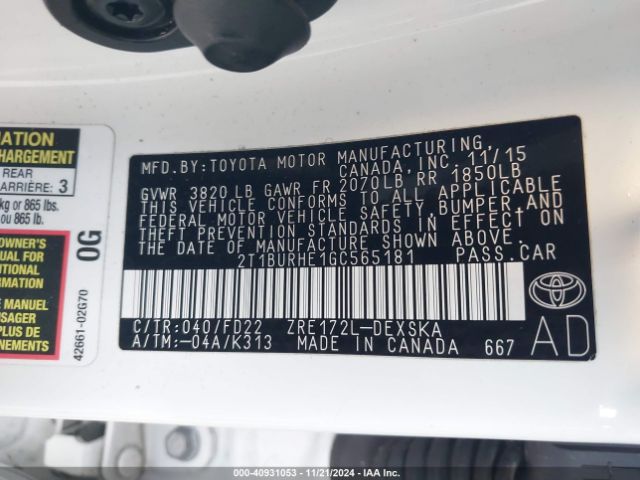 2T1BURHE1GC565181 Toyota Corolla S