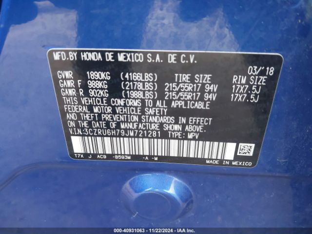3CZRU6H79JM721281 Honda Hr-v Ex-l