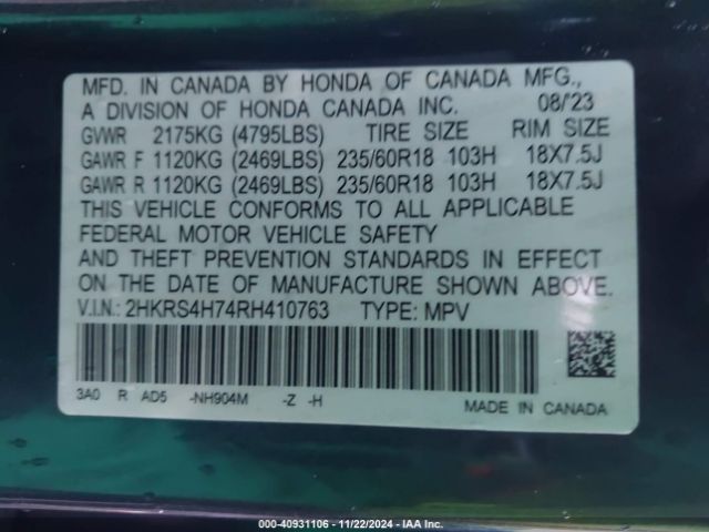 2HKRS4H74RH410763 Honda Cr-v Ex-l Awd