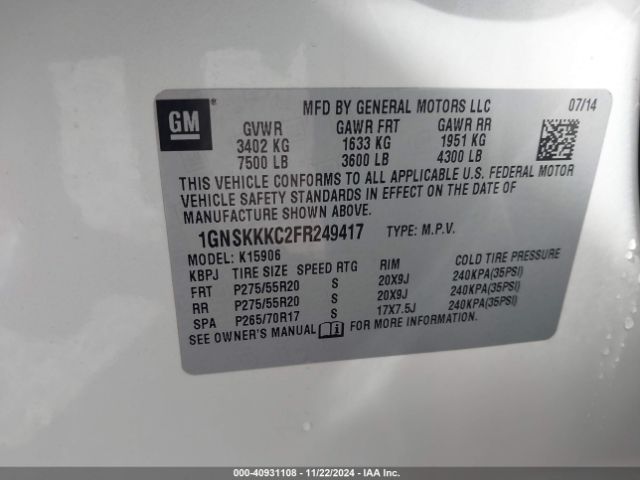1GNSKKKC2FR249417 Chevrolet Suburban 1500 Ltz