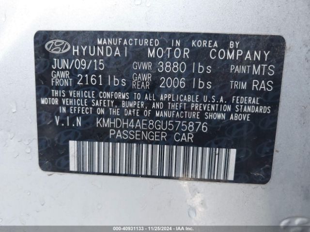 KMHDH4AE8GU575876 Hyundai ELANTRA SE