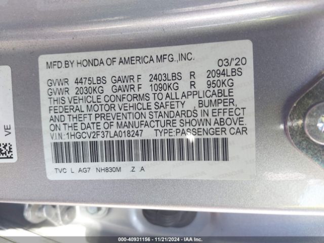 1HGCV2F37LA018247 Honda Accord Sport 2.0t