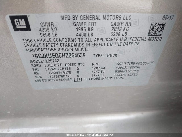 1GC2KUEG6HZ364639 Chevrolet l96 - e85 max, iron