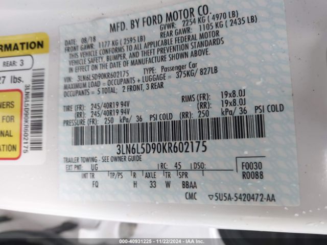3LN6L5D90KR602175 Lincoln Mkz Reserve I