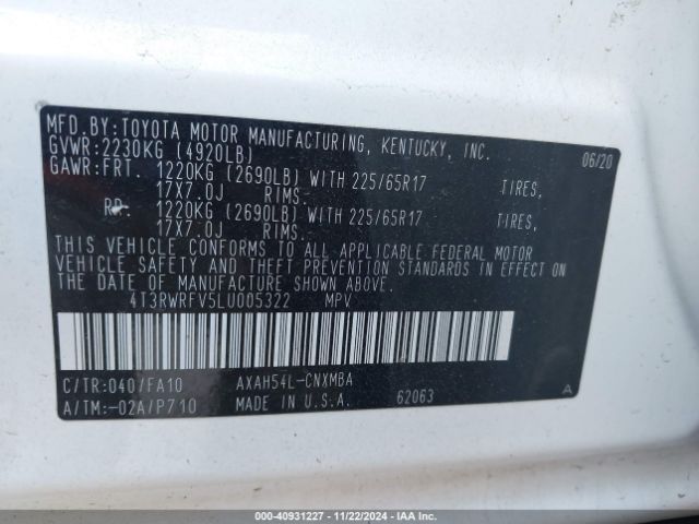 4T3RWRFV5LU005322 Toyota Rav4 Hybrid Xle