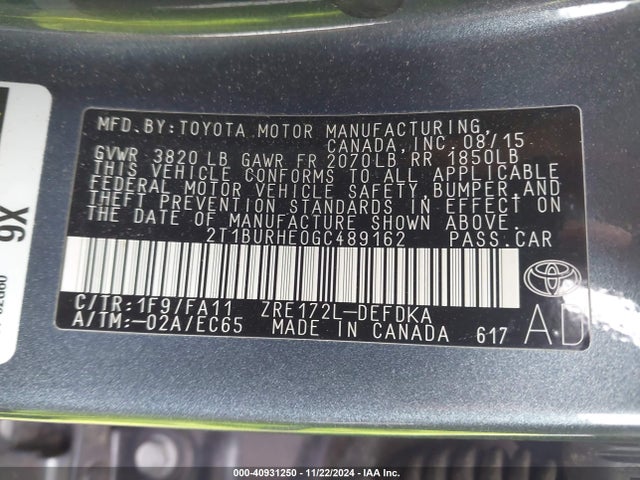 Toyota COROLLA L 2016 2T1BURHE0GC489162 Image 9