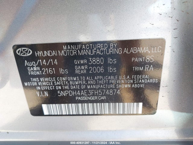 Hyundai Elantra Limited 2015 5NPDH4AE3FH574874 Image 9