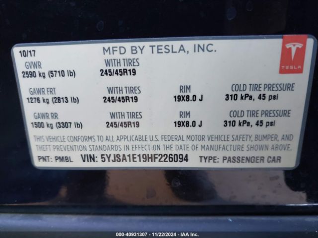 5YJSA1E19HF226094 Tesla Model S 60/75