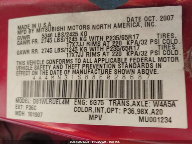 2008 MITSUBISHI ENDEAVOR 4A4MN31S88E028687 Photo 8