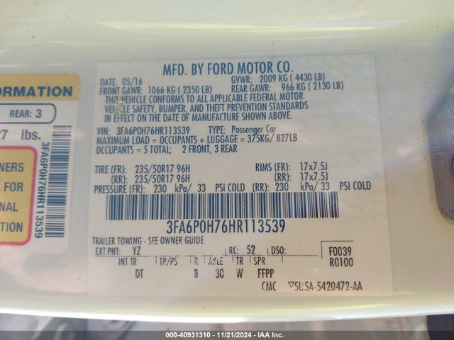 3FA6P0H76HR113539 Ford FUSION SE