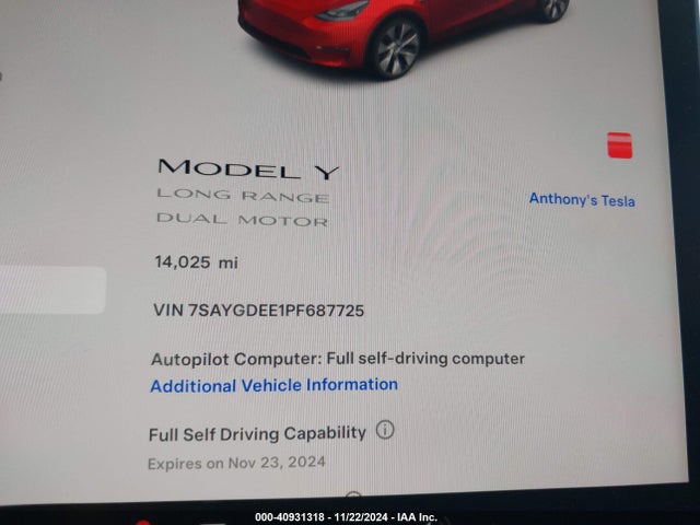 7SAYGDEE1PF687725 Tesla Model Y Awd/long Range Dual Motor All-wheel Drive