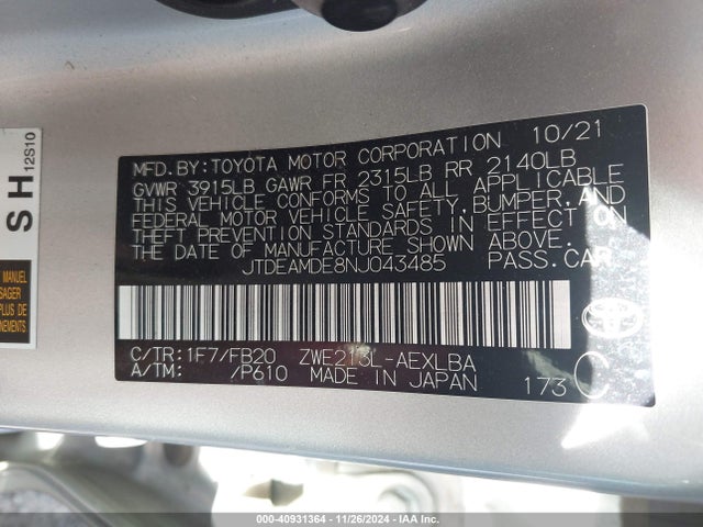 Toyota Corolla Hybrid Le 2022 JTDEAMDE8NJ043485 Image 9