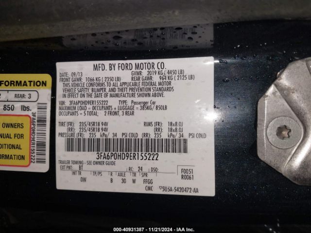 3FA6P0HD9ER155222 Ford FUSION SE