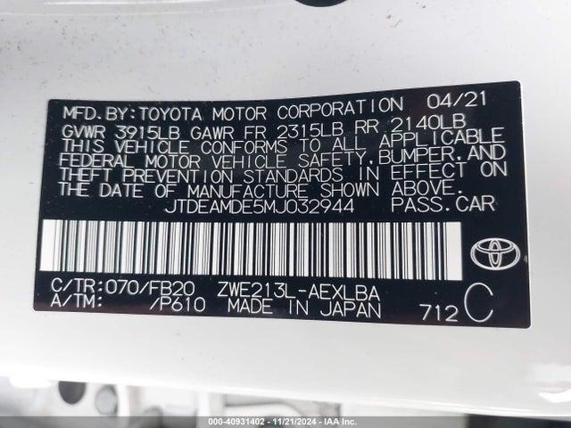 Toyota Corolla Hybrid Le 2021 JTDEAMDE5MJ032944 Image 9