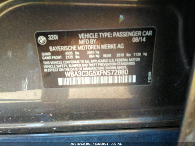 BMW 320i Xdrive 2015 WBA3C3G5XFNS72880 Image 9