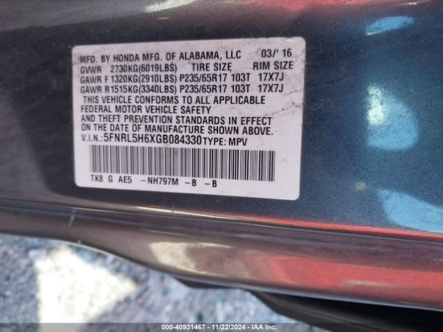 5FNRL5H6XGB084330 Honda Odyssey Ex-l