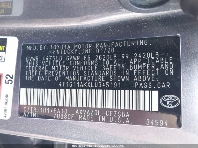 Toyota CAMRY SE 2020 4T1G11AKXLU345191 Image 9