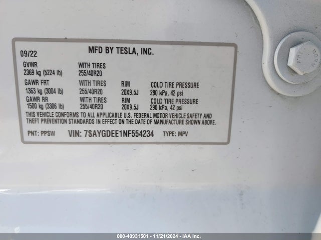 2022 TESLA MODEL Y 7SAYGDEE1NF554234 Photo 8