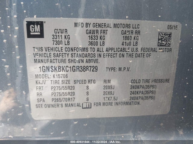 Chevrolet Tahoe Lt 2016 1GNSKBKC1GR388729 Image 9