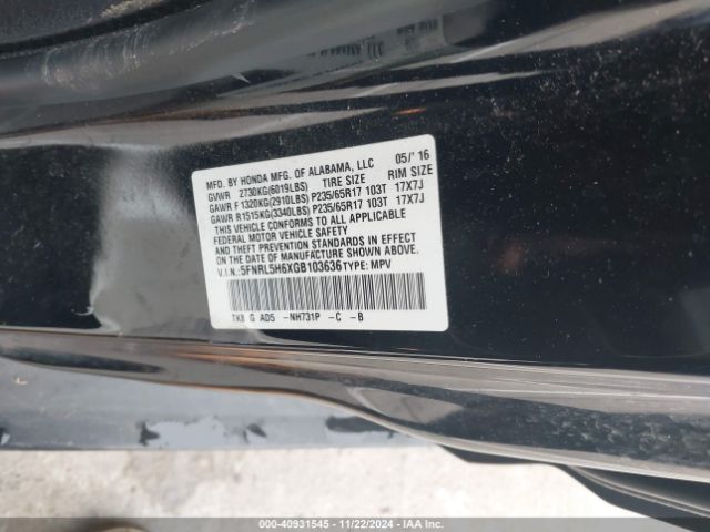 5FNRL5H6XGB103636 Honda Odyssey Ex-l