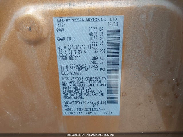 Nissan ROGUE SV 2014 5N1AT2MV5EC766918 Image 9
