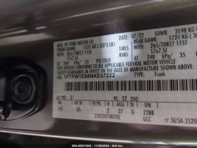 1FTFW1E88NKE37222 Ford F-150 Xlt