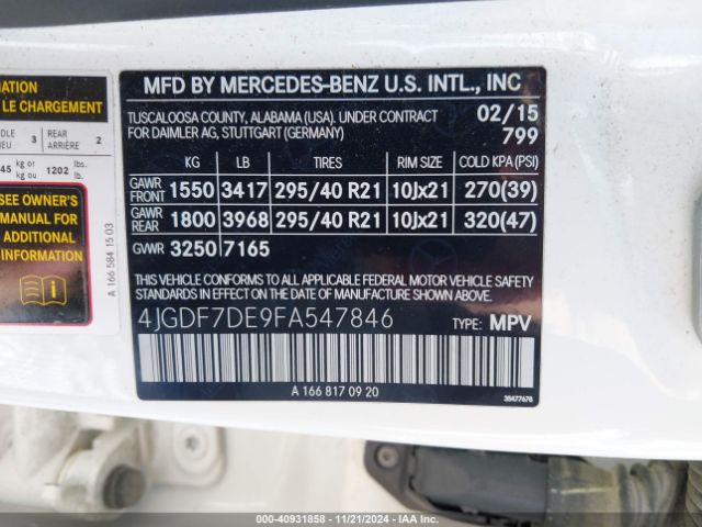 4JGDF7DE9FA547846 Mercedes-Benz Gl 550 4matic