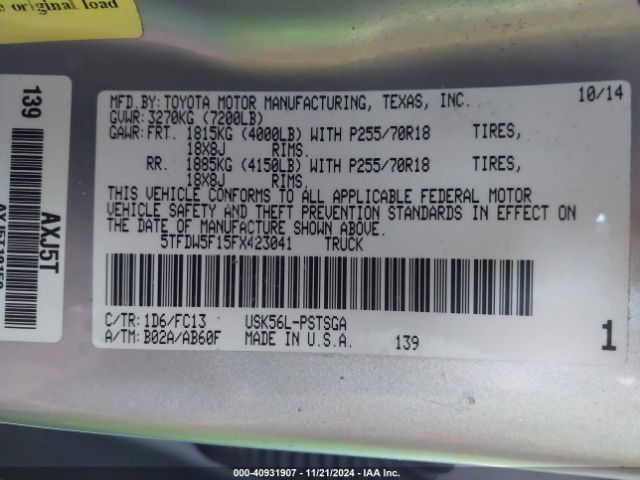 5TFDW5F15FX423041 Toyota Tundra Sr5 5.7l V8