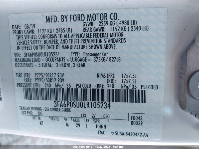 3FA6P0SU0LR105234 Ford Fusion Titanium