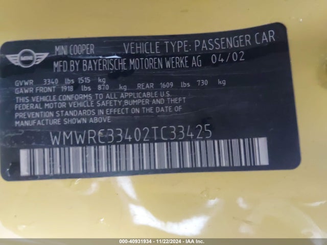 2002 MINI COOPER WMWRC33402TC33425 Photo 8