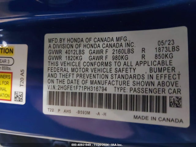 Honda Civic Ex /ex W/o Bsi 2023 2HGFE1F71PH316794 Image 9