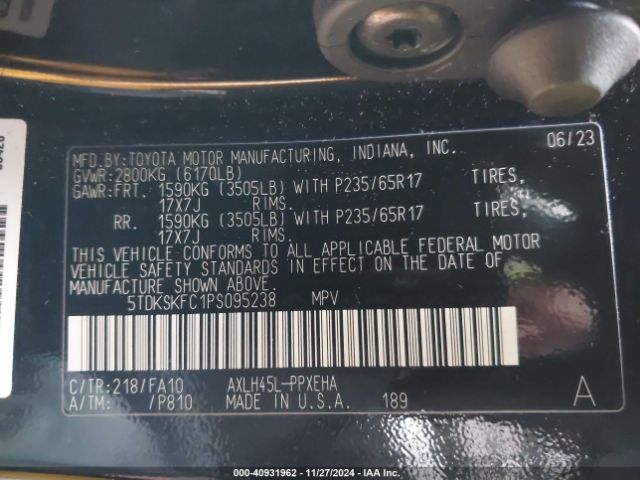 5TDKSKFC1PS095238 Toyota SIENNA LE