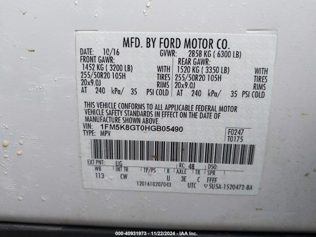 Ford EXPLORER SPORT 2017 1FM5K8GT0HGB05490 Image 9
