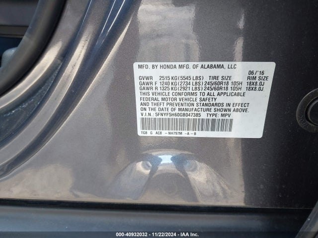 Honda Pilot Ex-l 2016 5FNYF5H60GB047385 Image 9