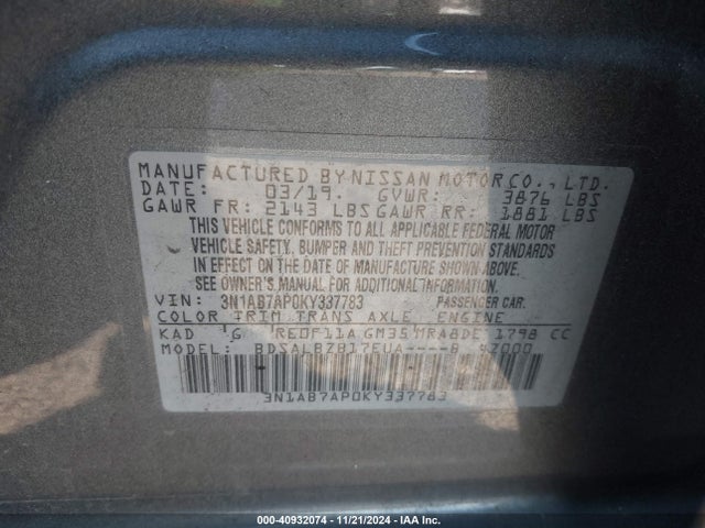Nissan SENTRA S 2019 3N1AB7AP0KY337783 Image 9