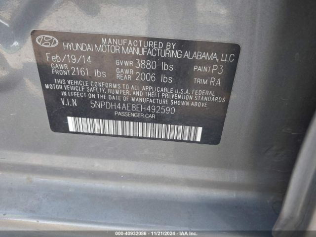 5NPDH4AE8EH492590 Hyundai ELANTRA SE