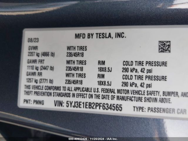 5YJ3E1EB2PF634565 Tesla Model 3 Long Range Dual Motor All-wheel Drive
