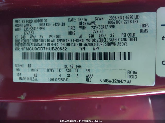 Ford ESCAPE SE 2017 1FMCU0GD7HUB20632 Image 9