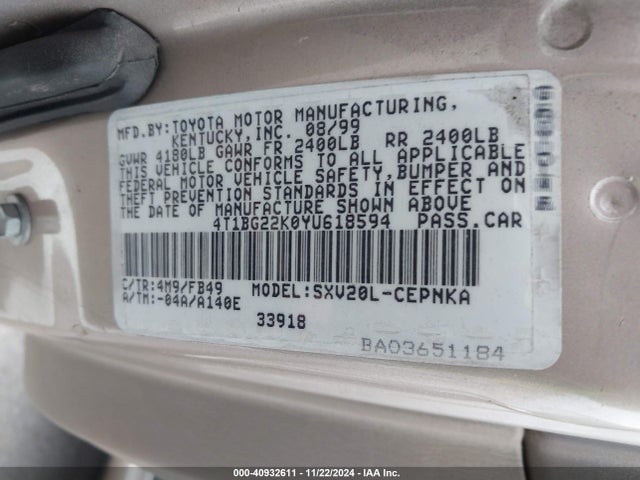 Продажа на аукционе авто 2000 Toyota Camry Le, vin: 4T1BG22K0YU618594, номер лота: 40932611