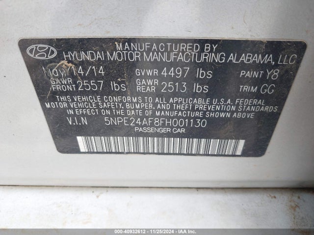 5NPE24AF8FH001130 Hyundai SONATA SE