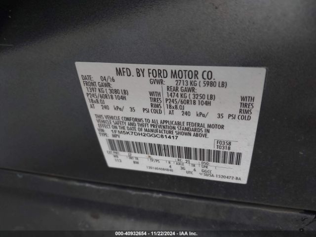 1FM5K7DH2GGC81417 Ford EXPLORER XLT
