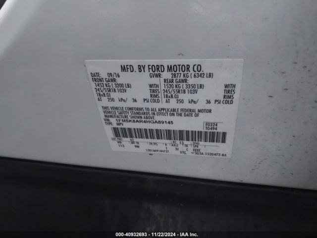 1FM5K8AR4HGA89145 Ford Utility Police Interceptor